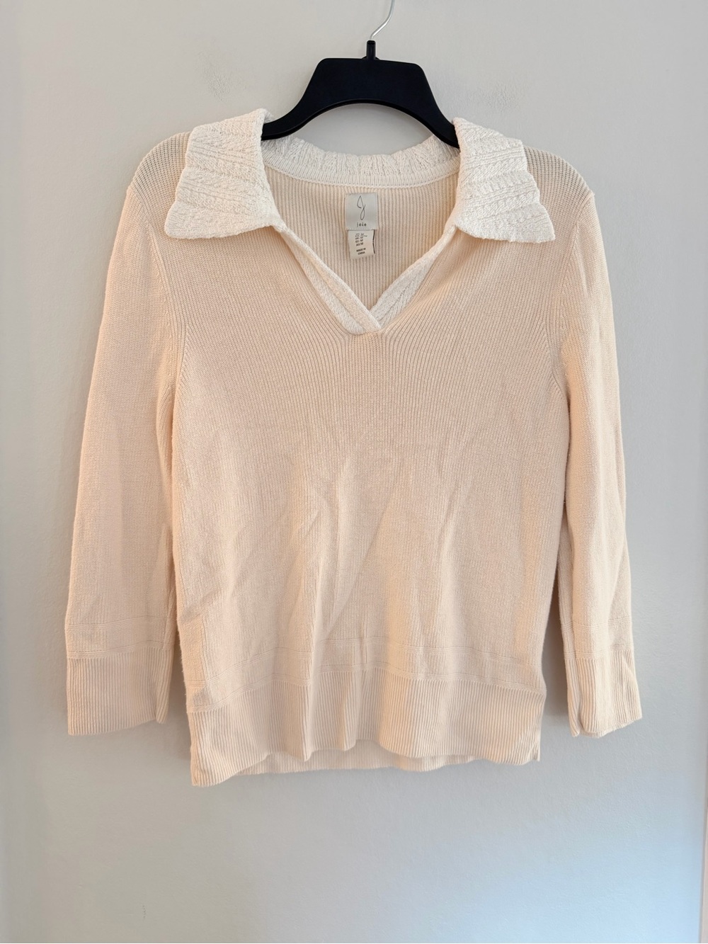 Joie Cream Cotton Collared V-Neck Knit Sweater Size Medium